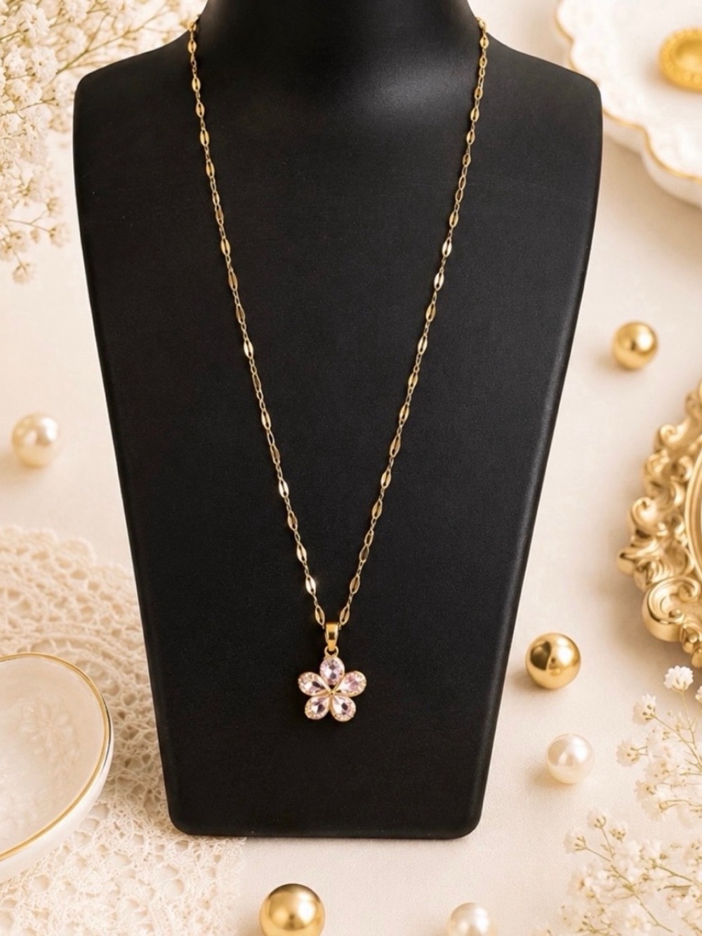 Pink Iridescent Rhinestone Flower Pendant Necklace-Gold Hardware-NWOT